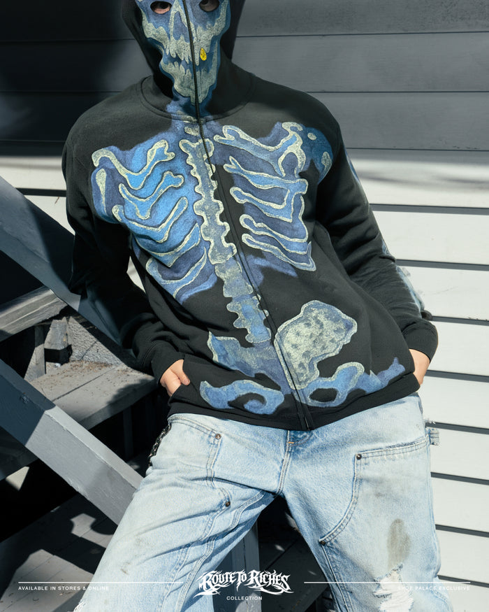 Skeleton X-Ray Full Zip Up Mens Hoodie (Black/Blue)