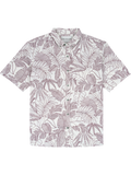 Off white short-sleeve shirt with Purple tropical leaf-print front view, features UPF sun protection.
