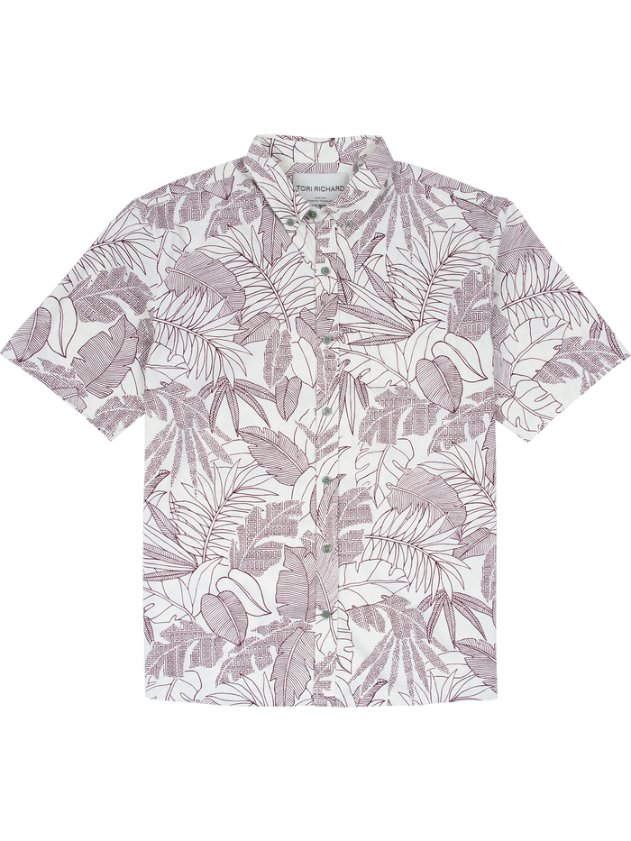 Off white short-sleeve shirt with Purple tropical leaf-print front view, features UPF sun protection.
