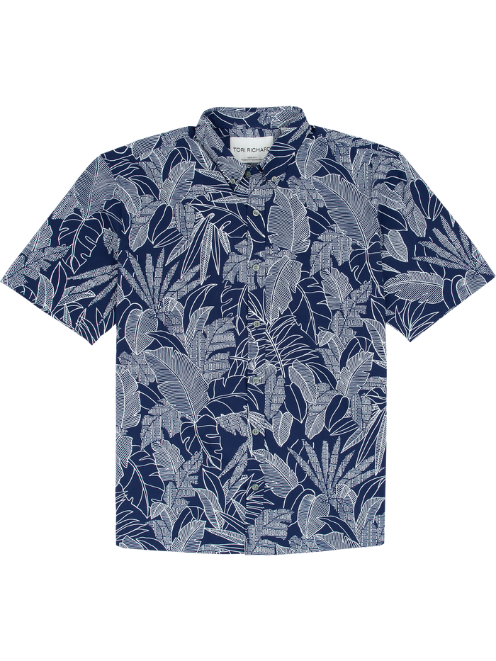 Navy short-sleeve shirt with white leaf print, classic collar, front view and close-up of fabric detail.