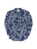 Navy/white leaf-print long-sleeve button-down shirt with collar, shown from front and side views.