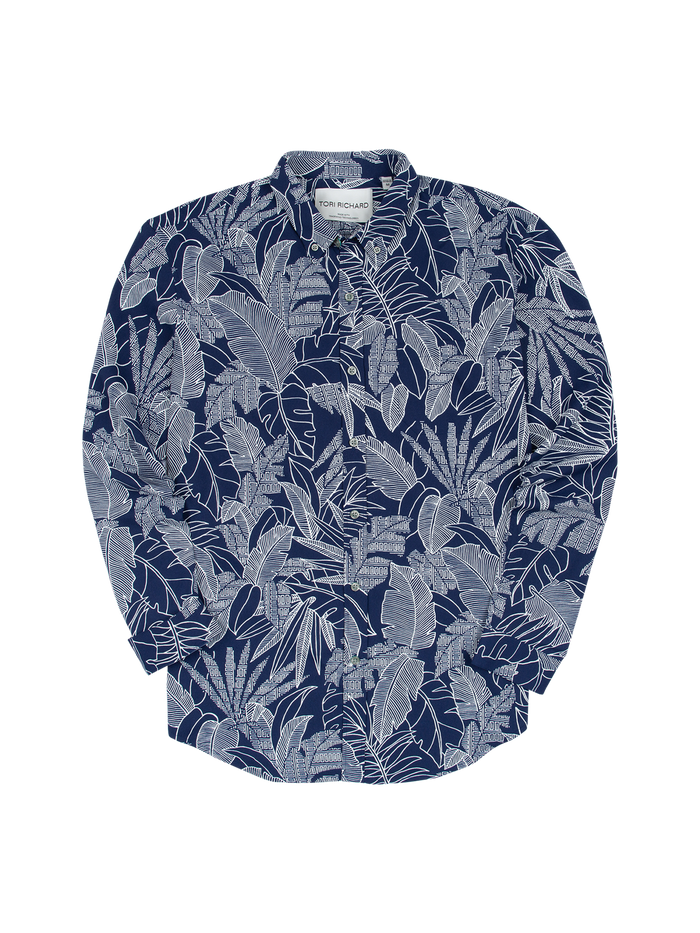 Navy/white leaf-print long-sleeve button-down shirt with collar, shown from front and side views.