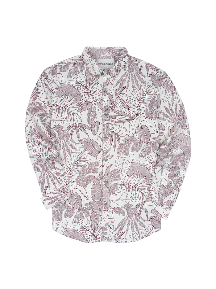 Off white tropical-print long-sleeve shirt, flat-lay front view.