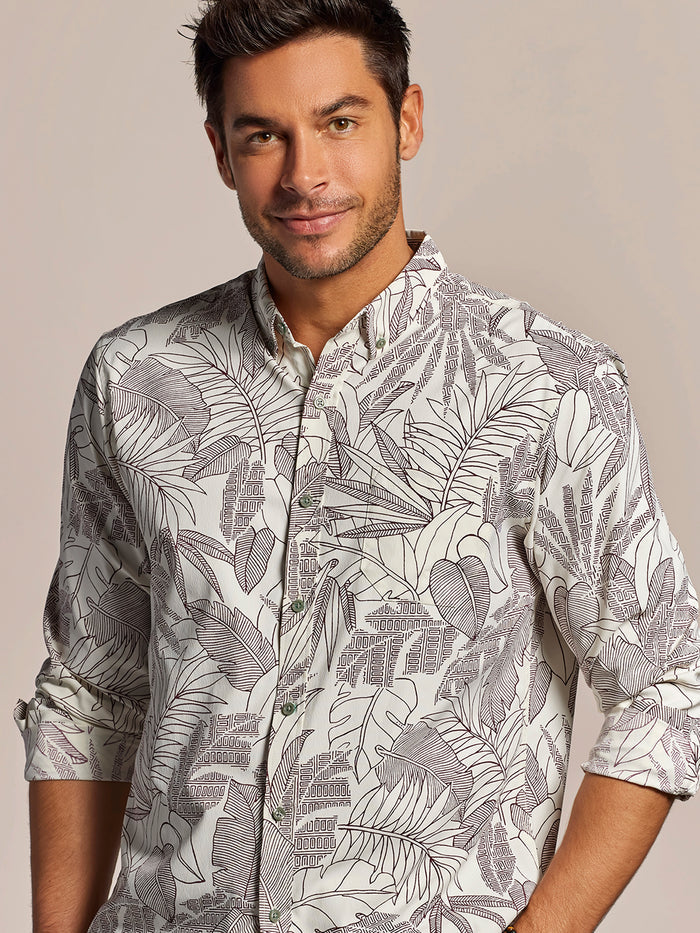 Off White and gray leaf-print long-sleeve shirt, front view against beige background.
