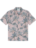 Light pink palm tree-print short-sleeve linen button-up shirt with collar and front pocket, front view.
