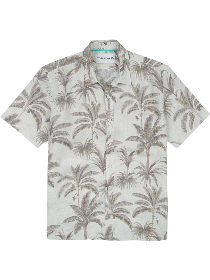 Gray palm tree print short-sleeve linen shirt, front view (Images 1 & 2).