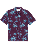 Maroon and blue palm tree print short-sleeve collared button-down shirt, front view.