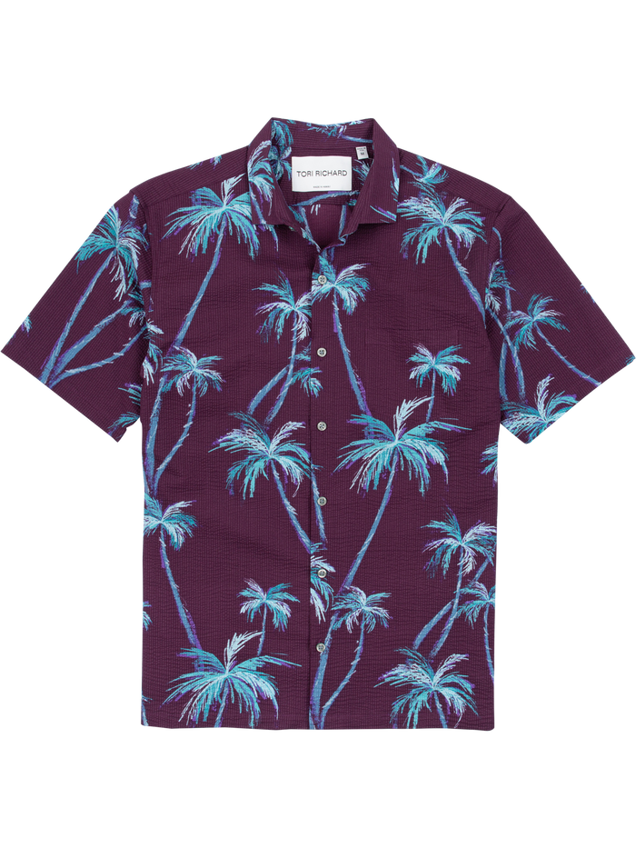 Maroon and blue palm tree print short-sleeve collared button-down shirt, front view.