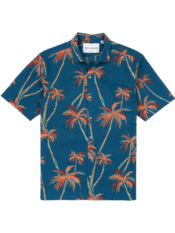 Blue and orange short-sleeve Hawaiian shirt with orange palm tree pattern; front, back, and sleeves.
