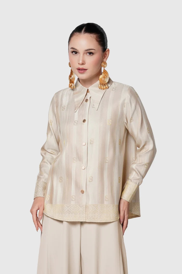 songket basic shirt cream by buttonscarves front view