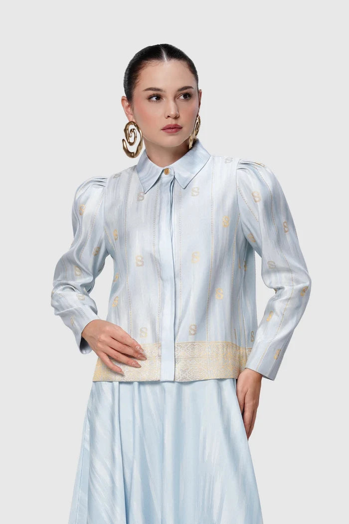 songket crop shirt blue by buttonscarves front view