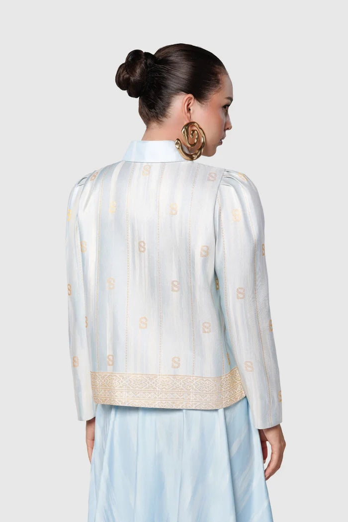 songket crop shirt blue by buttonscarves back view