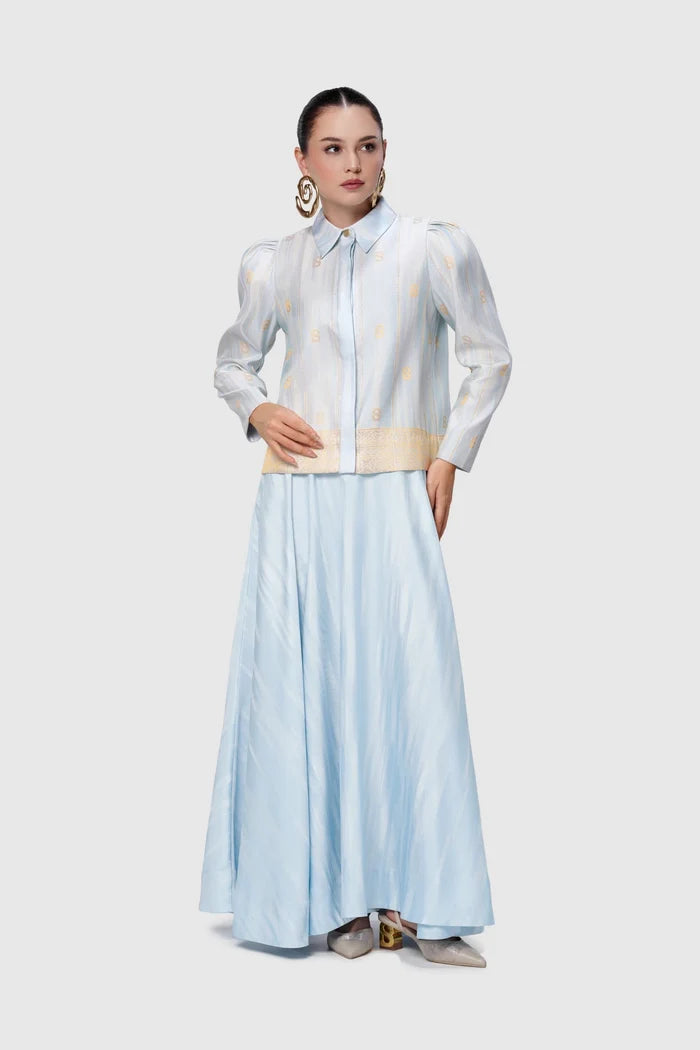 songket crop shirt blue styled outfit