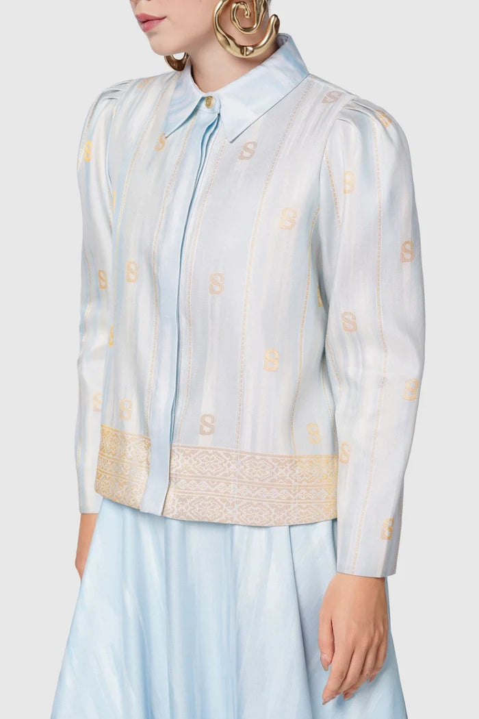buttonscarves songket crop shirt blue pattern detail
