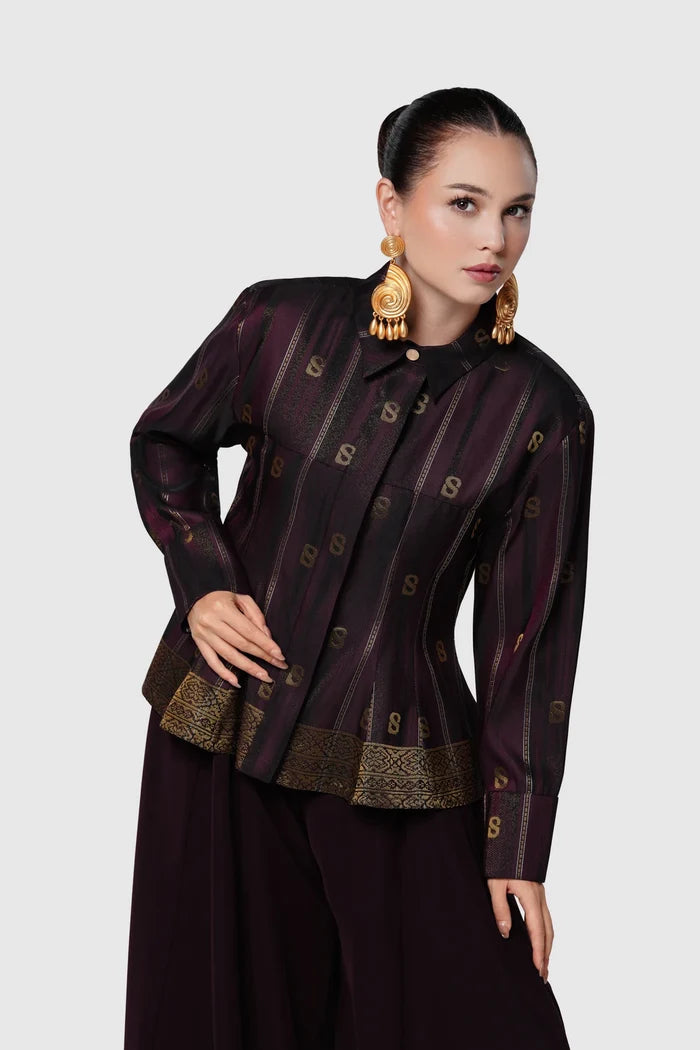 songket peplum shirt maroon by buttonscarves front view