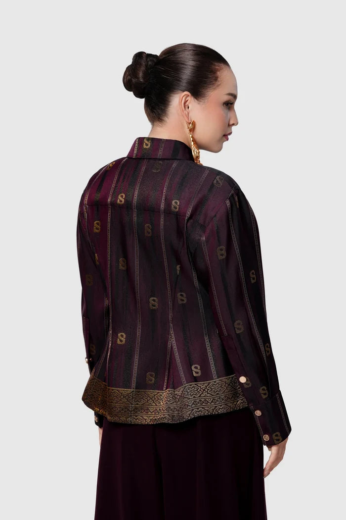 songket peplum shirt maroon by buttonscarves back view