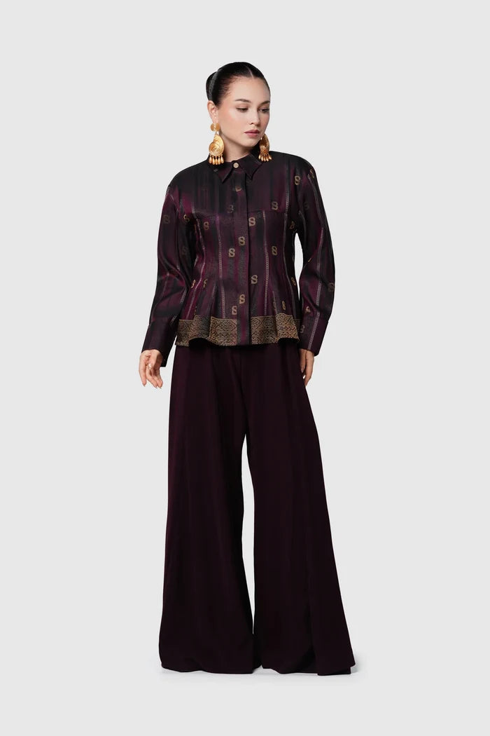songket peplum shirt maroon styled outfit