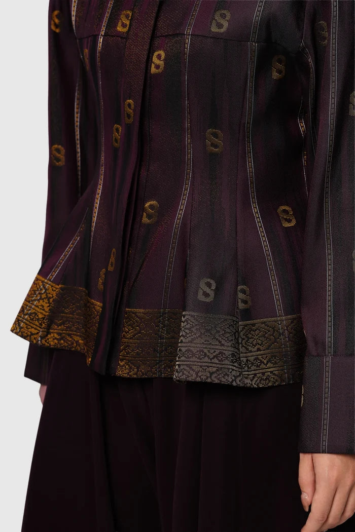 buttonscarves songket peplum shirt maroon pattern detail