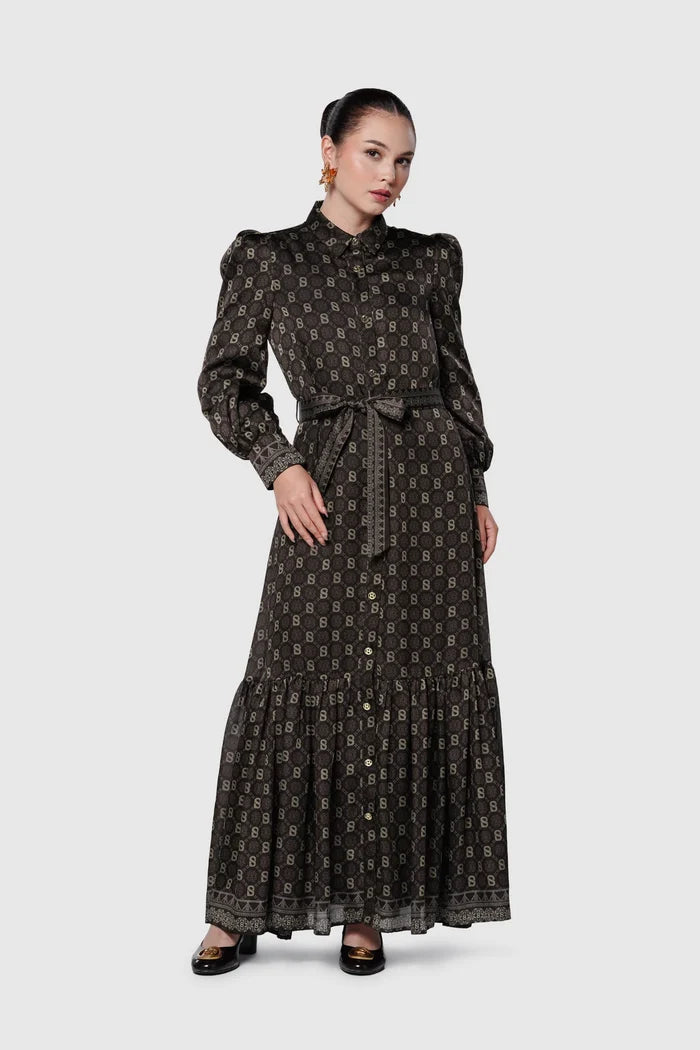 songket puff shirt dress brown by buttonscarves front view