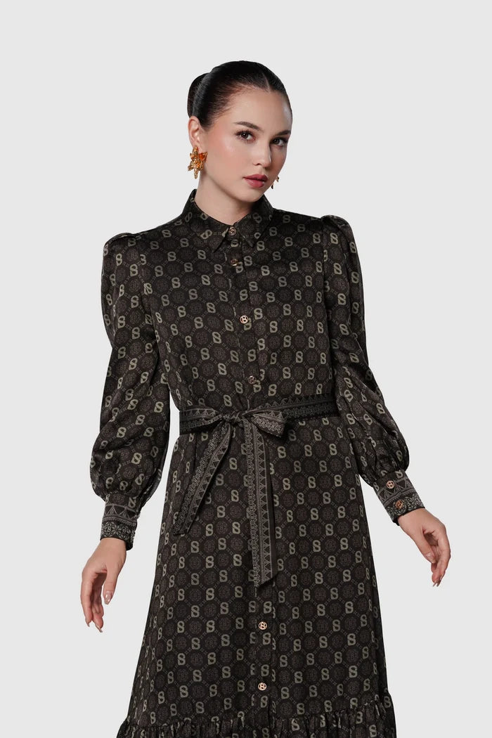 songket puff shirt dress brown styled outfit