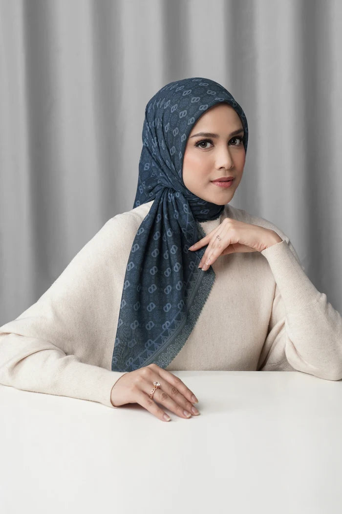 songket square scarf maritime blue by buttonscarves front view