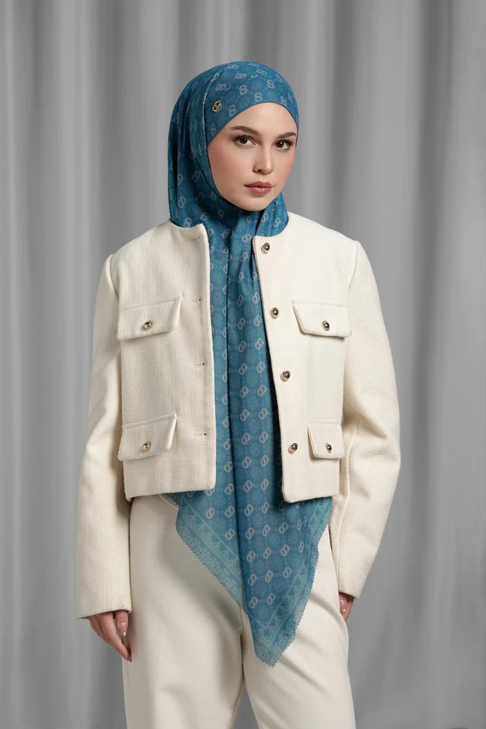 indigo square scarf by buttonscarves styled in a modern hijab look