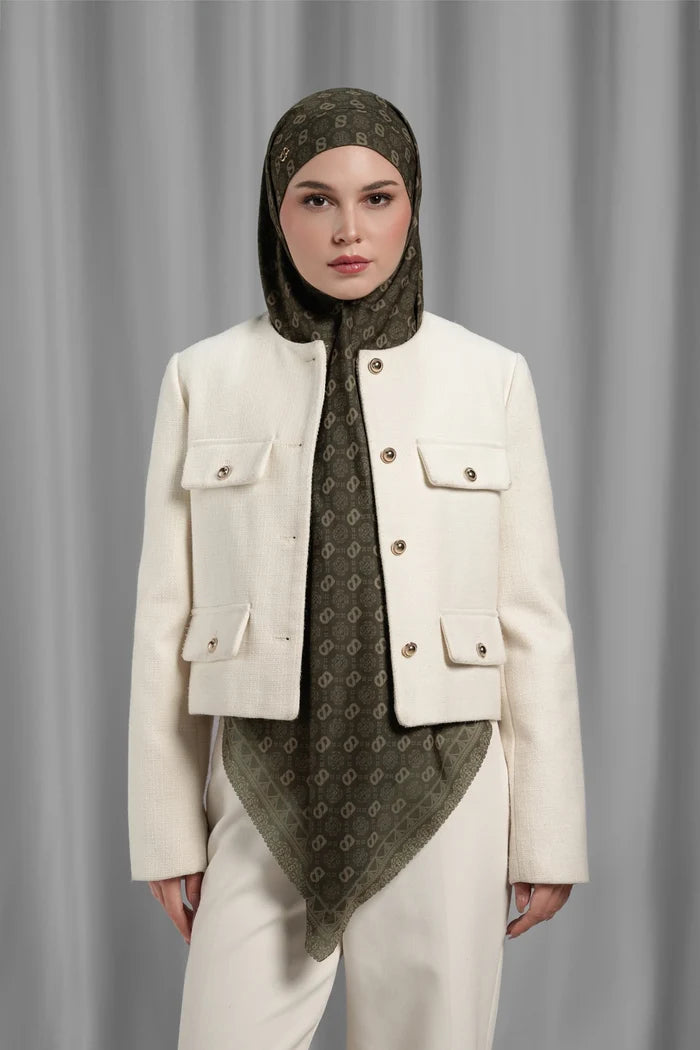 wood square scarf by buttonscarves styled in a modern hijab look
