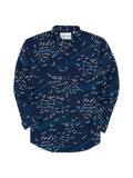 Navy shirt with white bird and blue stripe print, button-up, long sleeves, Flat lay front view.