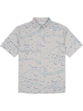 Light gray short-sleeve button-up shirt with blue bird print, front view.