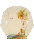 Cream and tan tropical scene-print long-sleeve sweater, front view laid.