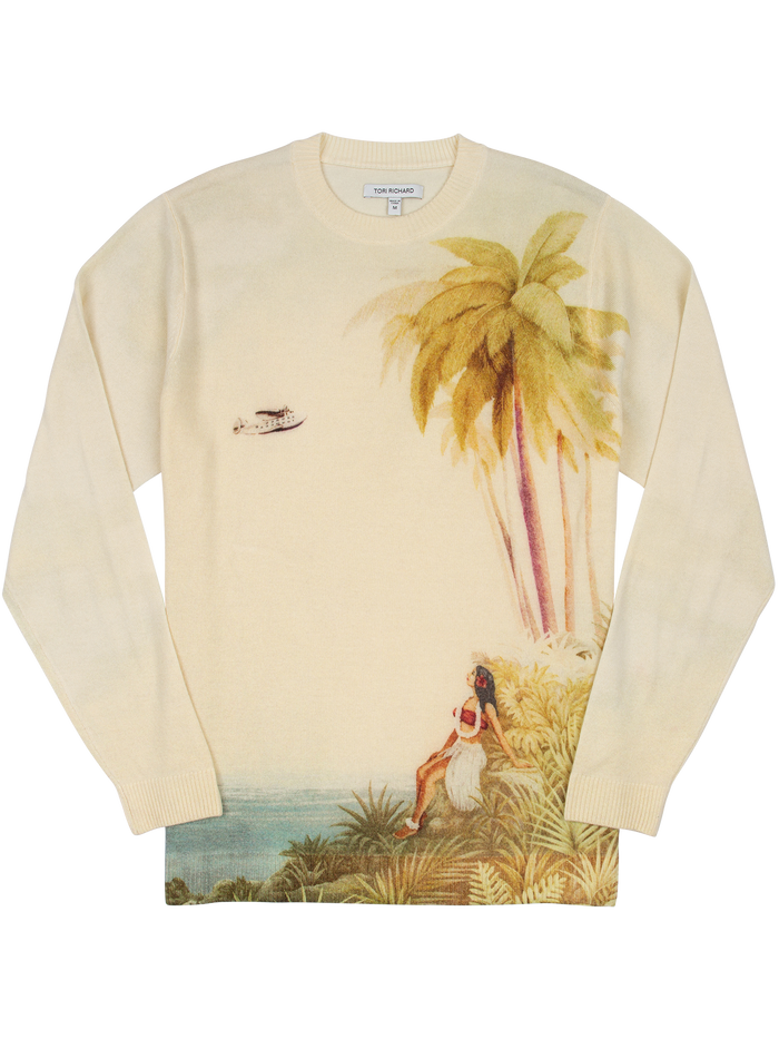 Cream and tan tropical scene-print long-sleeve sweater, front view laid.