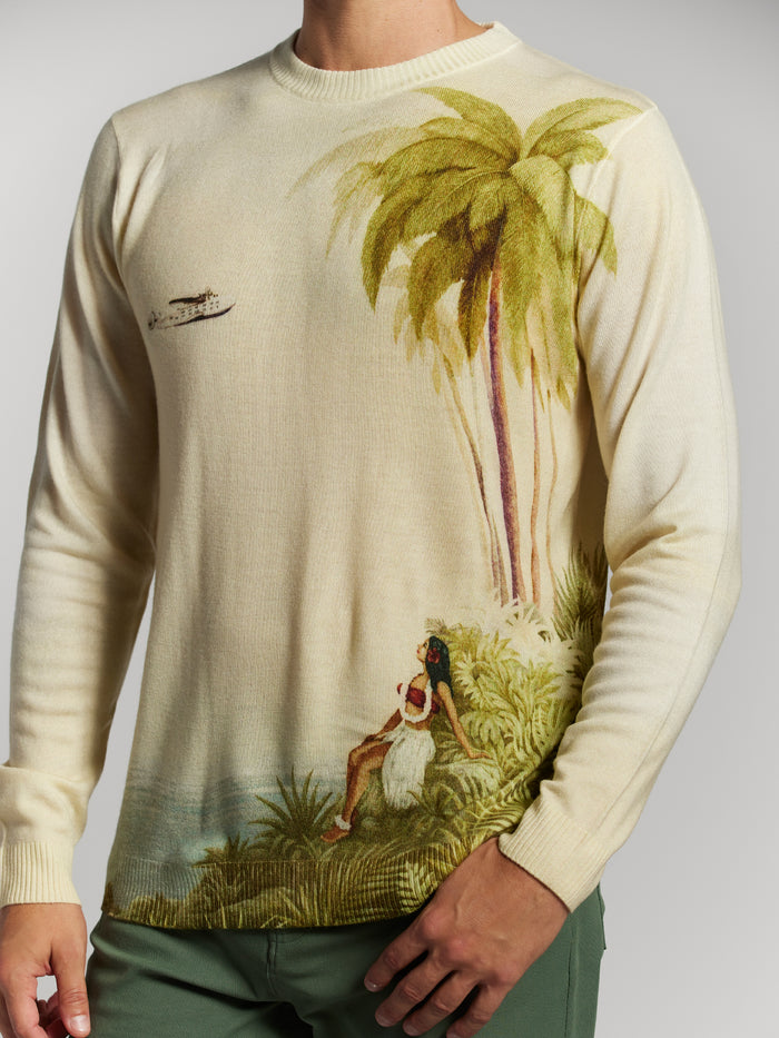 Cream and tan tropical scene-print long-sleeve sweater featuring a vintage-style palm and ocean scene, front view.