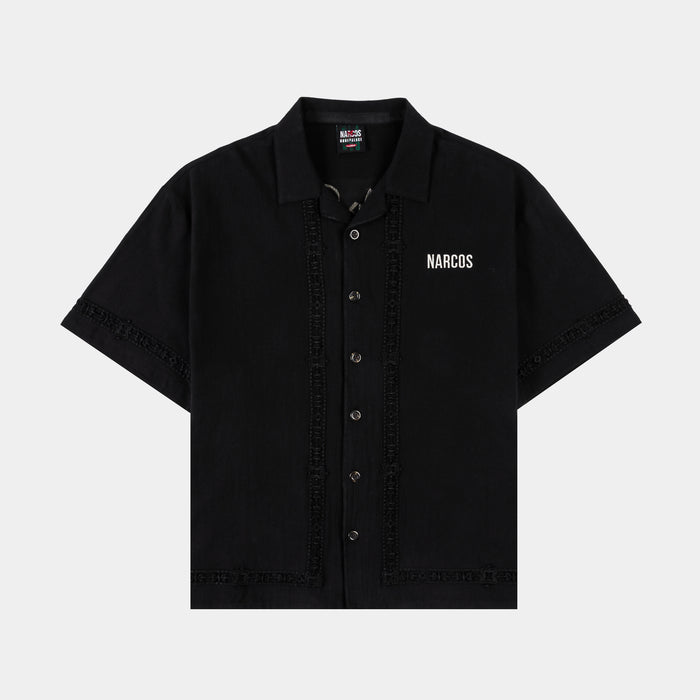SP x Narcos Embroidered Trim Button Up Mens Short Sleeve Shirt (Black/Beige)