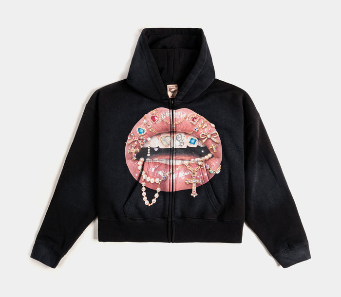 Spoiled Lips Full Zip Womens Hoodie (Black/Pink)