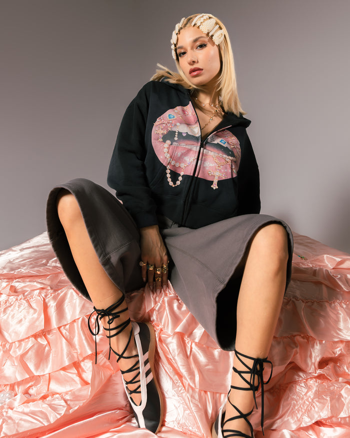 Spoiled Lips Full Zip Womens Hoodie (Black/Pink)