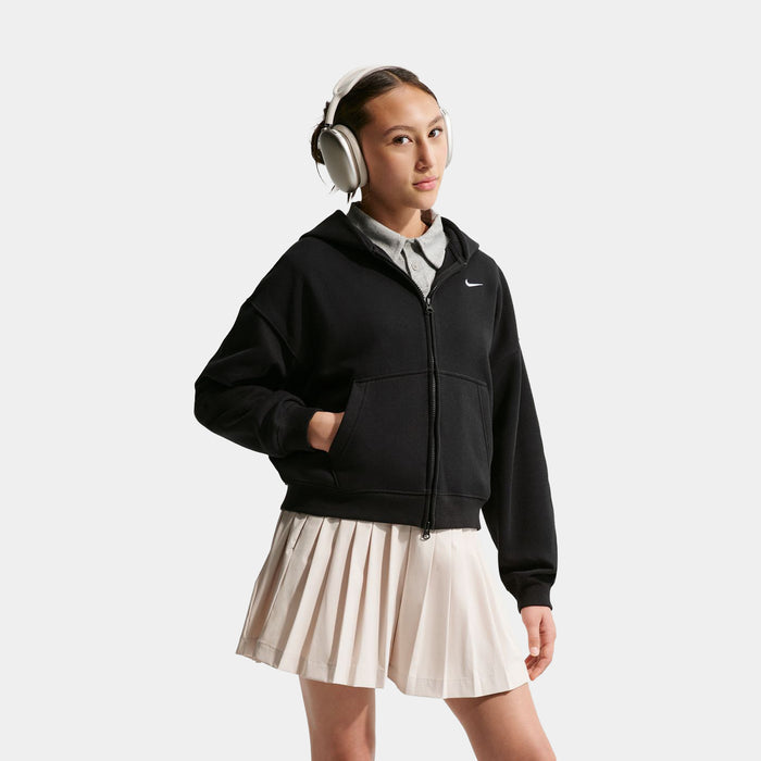 Sportswear Studio Fleece Oversized Full Zip Grade School Hoodie (Black/White)