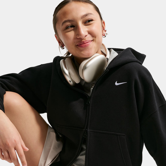 Sportswear Studio Fleece Oversized Full Zip Grade School Hoodie (Black/White)