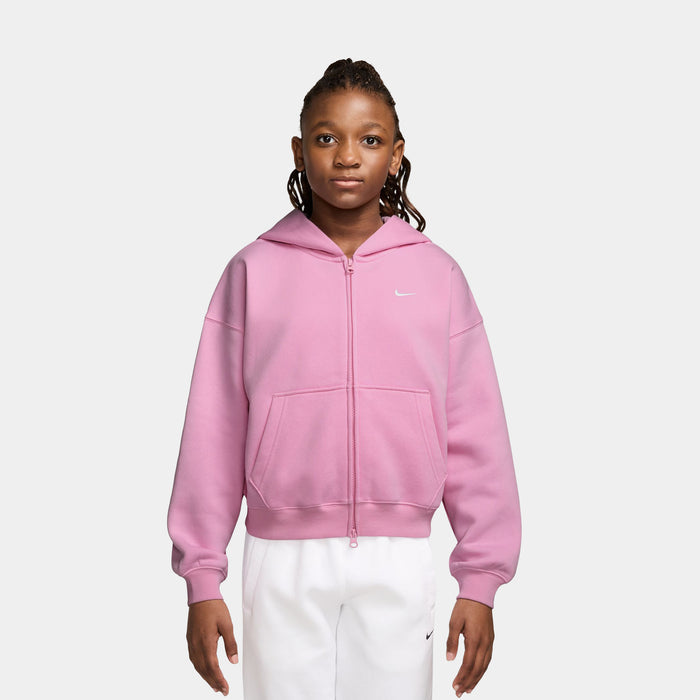 Sportswear Studio Fleece Oversized Full Zip Grade School Hoodie (Pink Rise/White)