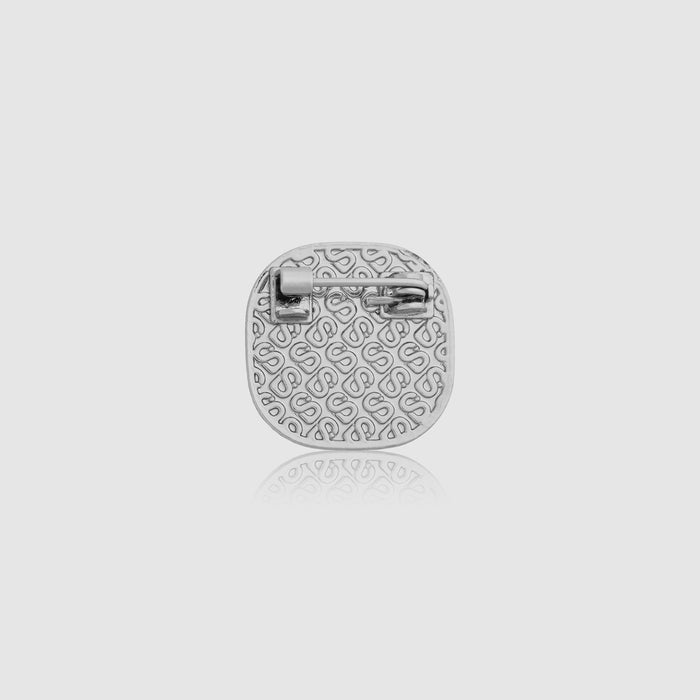 square pin brooch package in white by buttonscarves back view