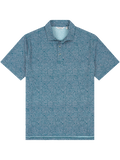 Blue geometric-pattern short-sleeve polo shirt with collar, front view.