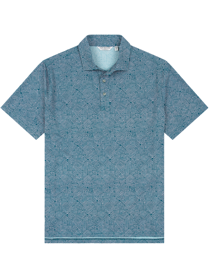 Blue geometric-pattern short-sleeve polo shirt with collar, front view.