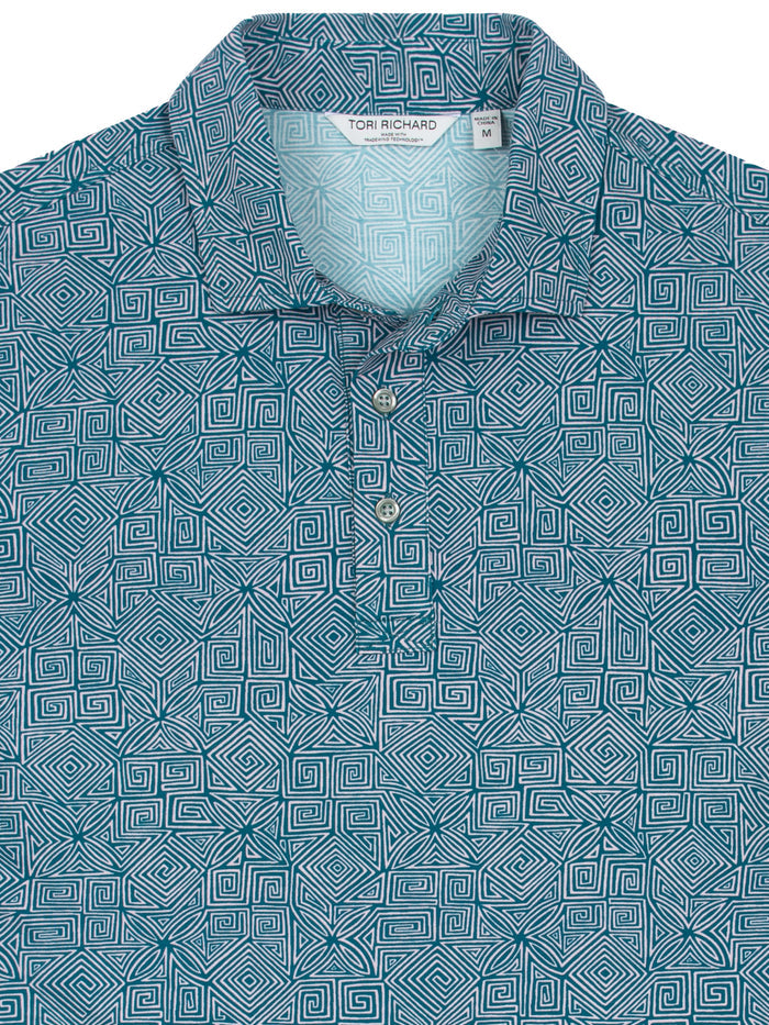 Blue maze-pattern Pima cotton polo, front view.Close-up of two-button collar detail.