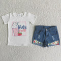 Strawberry drinks white top denim shorts Girls summer outfits  D8-17