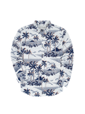 White shirt with blue and brown palm print, long sleeves, quick-dry fabric, front view.