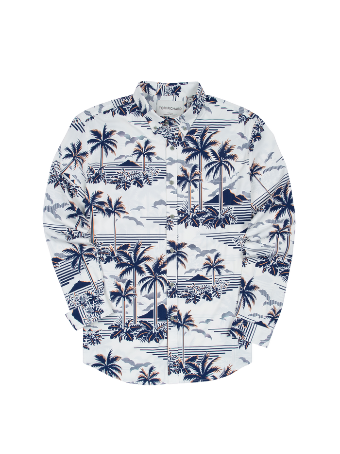 White shirt with blue and brown palm print, long sleeves, quick-dry fabric, front view.