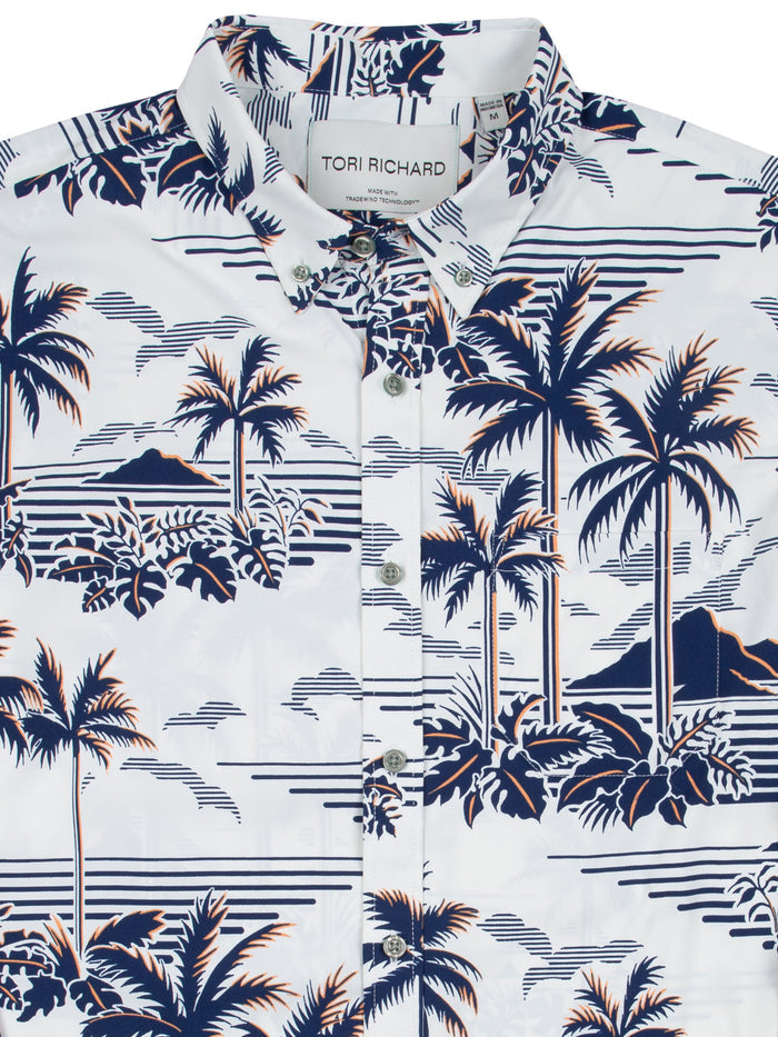 White shirt with blue and brown palm print, long sleeves palm-print long-sleeve shirt.