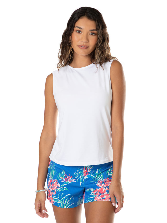 White Sunsational Jersey Michelle top with blue floral shorts, front view, white background.