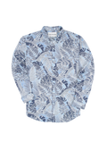 Blue and white tropical-print long-sleeve shirt, button front, quick-dry fabric, collar detail shown in images.