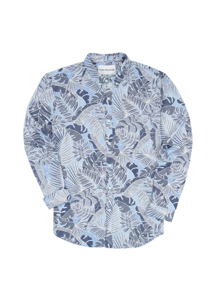 Blue and white tropical-print long-sleeve shirt, button front, quick-dry fabric, collar detail shown in images.