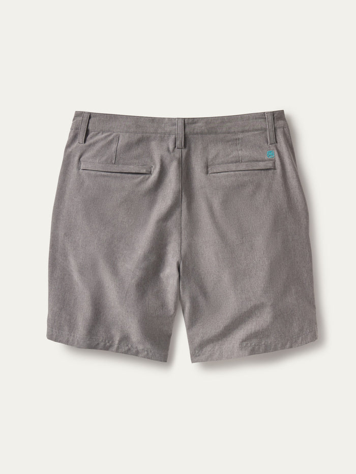 Gray solid performance shorts with belt loops and two back pockets, rear view.